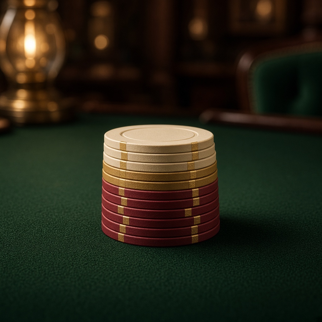 Stack of cream, gold, and burgundy chips on green felt