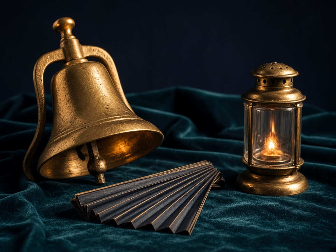 Brass bell, paper fan, and glass lantern as the Glow Gallery key art