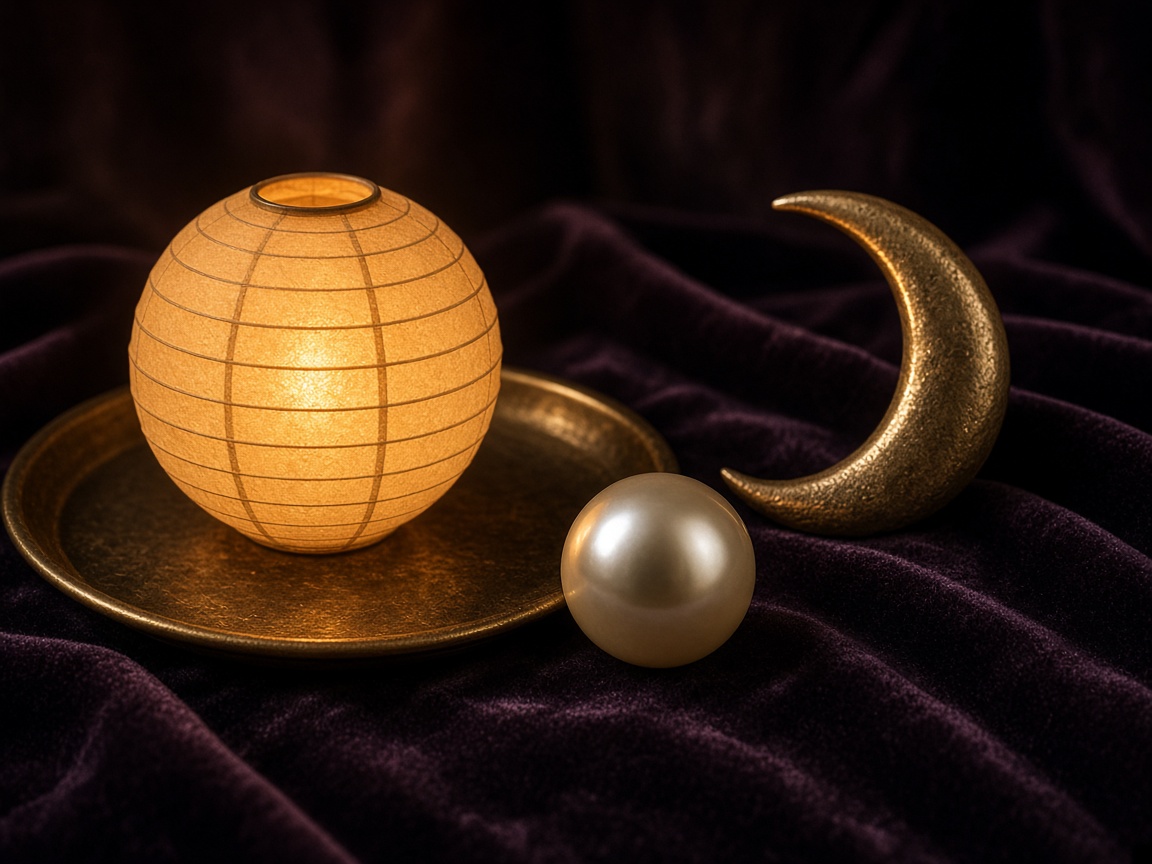 Lantern, pearl, and moon ornament arranged as the Lantern Loft key art