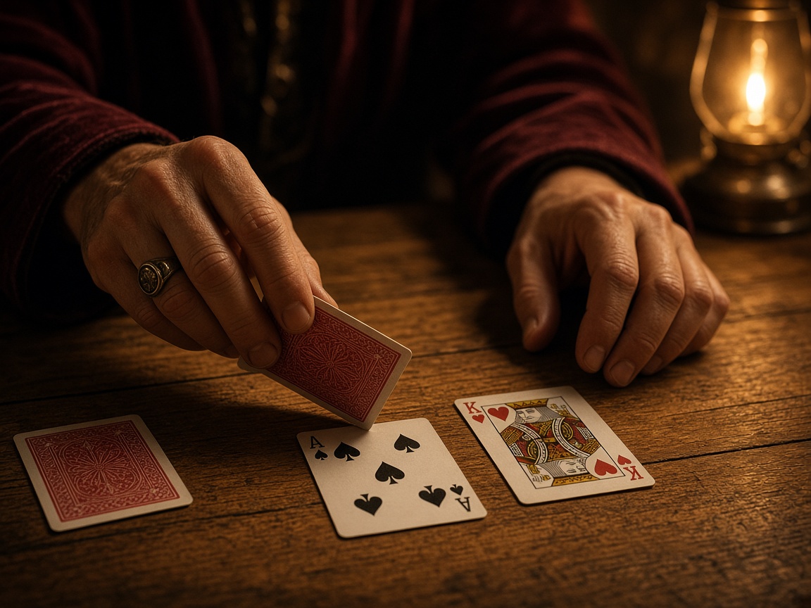 Hands dealing cards under lantern light